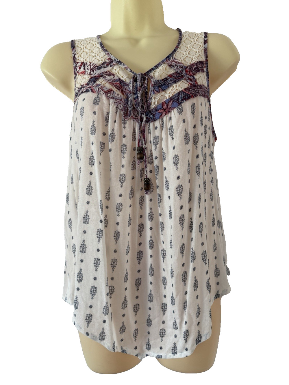 JOLT Boho Flowy Sleeveless Blouse Women Size Medium Lace Beaded Tie Festival